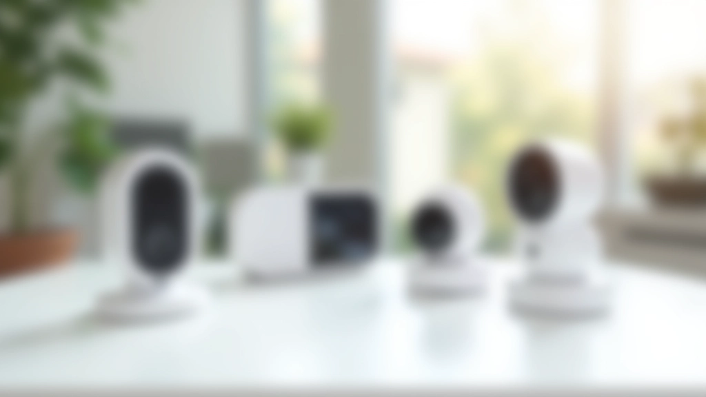 Diferentes modelos de câmaras de segurança inteligentes dispostas numa mesa de trabalho