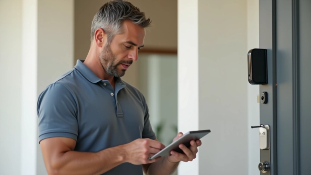 Técnico a testar uma campainha inteligente com um tablet, verificando a qualidade de imagem