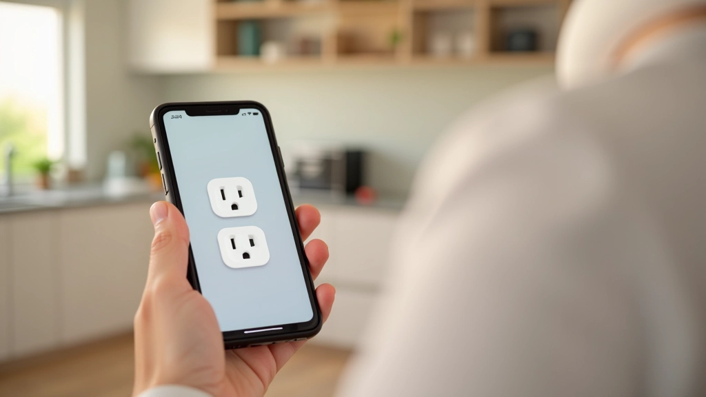 Mão a controlar tomada inteligente com aplicação móvel num smartphone moderno, interface clara e intuitiva