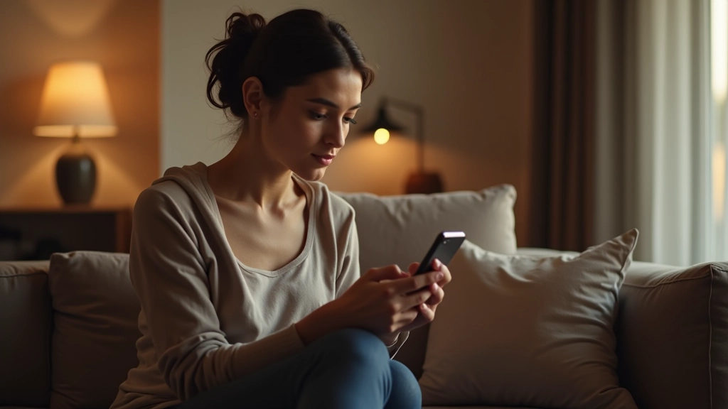 Pessoa a ver video em tempo real de uma campainha inteligente no seu smartphone na sala